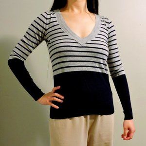 Club Monaco Gray & Dark Blue Striped V-Neck Wool Sweater, Size S